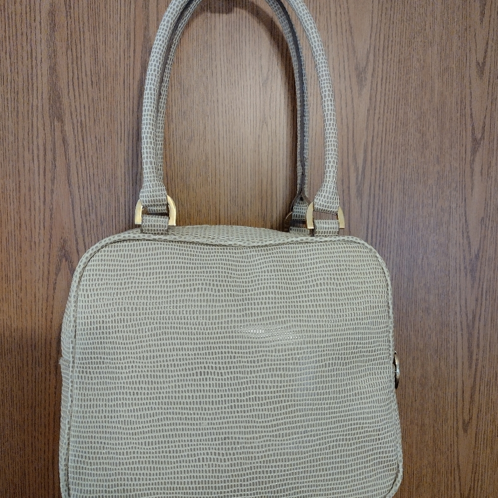 Kathy Ireland Ivory Sand Faux Lizard Zip-around Gold Doublehanded Square Satchel